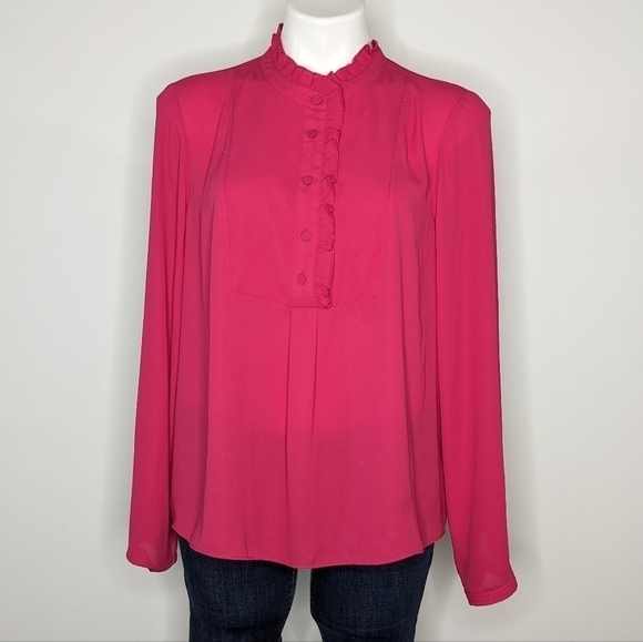 J Crew Factory pink 1/2 button ruffle neck long sleeve blouse 12 - Picture 1 of 9